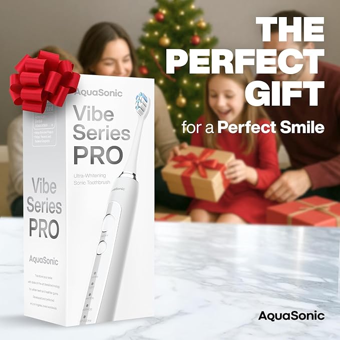 Aquasonic Vibe Series PRO ? Ultra-Whitening Electric Toothbrush ? 5 Modes &amp Smart Timers ? Premium Travel Case &amp 6 Proflex Brush Heads ? ADA Accepted Toothbrush (Optic White)