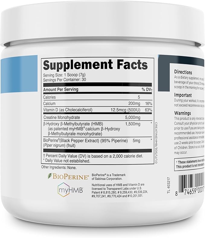 Transparent Labs Creatine HMB - Creatine Monohydrate Powder with HMB for Muscle Growth Increased Strength Enhanced Energy Output and Improved Athletic Performance - 30 Servings Unflavored