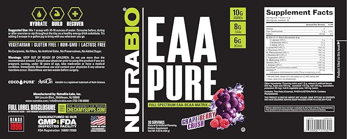 NutraBio ? EAA Pure ? 9 Amino Acids ? Muscle Repair and Recovery 30 Servings Grape Berry Crush ? Pre or Post Workout ? All Day Recovery