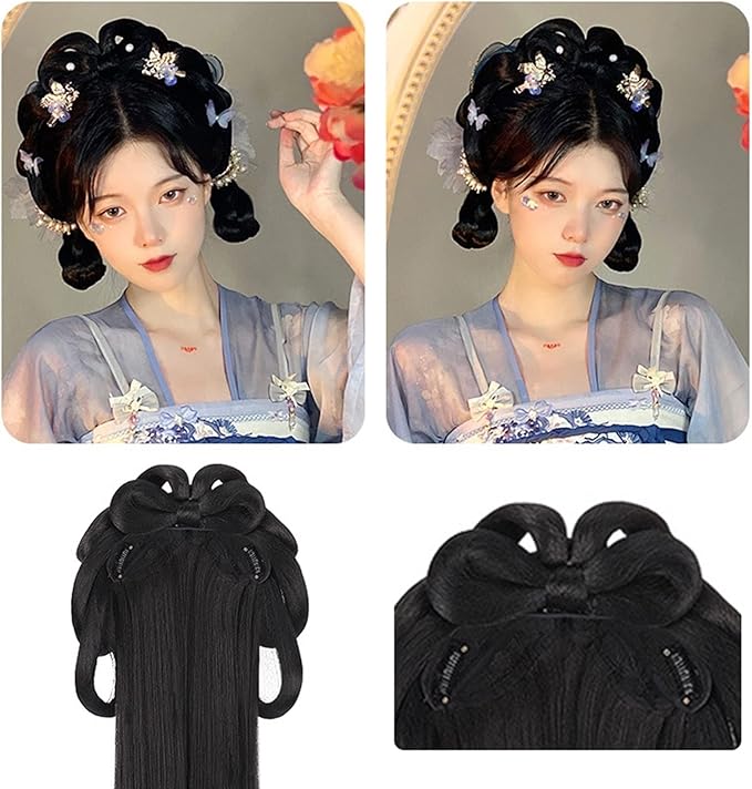 Chinese Ancient Wig Women Hanfu Wigs Headdress Photography Dance Accessory Wigs Black for Women Integrated Hair Bun High TEM (Color : #2)