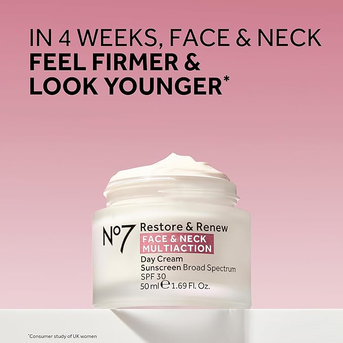 No7 Restore &amp Renew Face &amp Neck Multi Action Skincare System - SPF 30 Day Cream with Vitamin C &amp Collagen Peptides + anti-Aging Facial Serum + Hyaluronic Acid Hydrating Night Cream (3 Piec