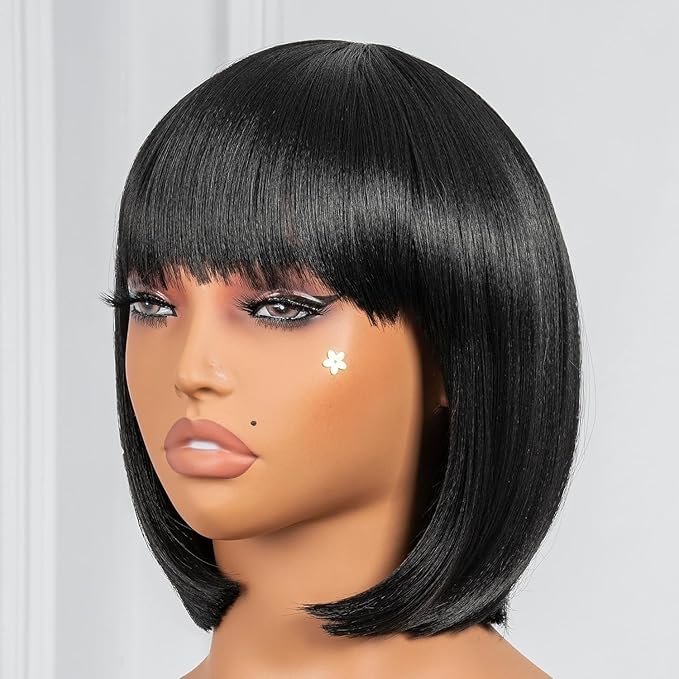 Black Human Hair Bob Wigs with Bangs Light Yaki Straight Shoulder Length Heat Resistant for Black Women Daily Cosplay (Black10 Inch)