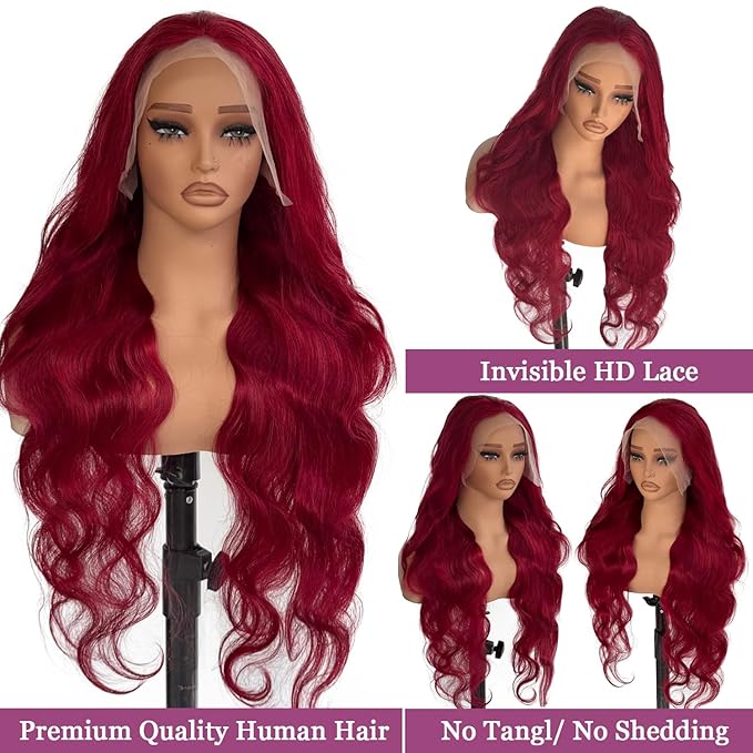 99j Burgundy Lace Front Wigs Human Hair 30 Inch Body Wave 13x6 Lace Front Wigs Human Hair 99j Red Wine Body Wave Glueless Wig Human Hair Pre Plucked Lace Frontal Wig for Black Women 180% Density