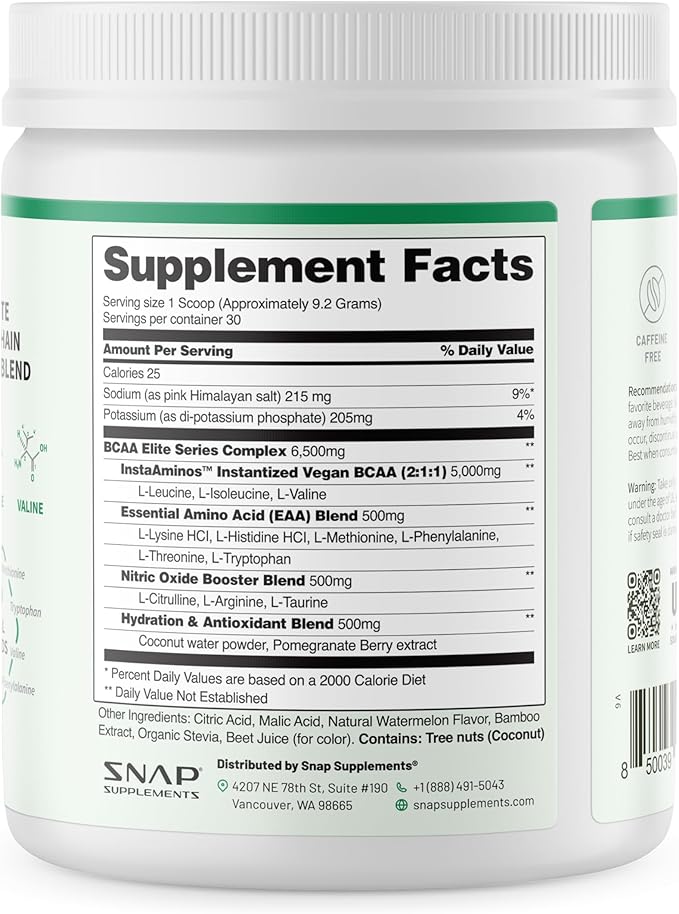Snap BCAA Powder Essential Amino Energy Supplement with Nitric Oxide Booster - Watermelon Flavor - Pre Workout Powder Recovery Supplements Post Workout Muscle Strength &amp Performance (30 Servings