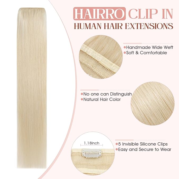Hairro Clip in Hair Extensions 100% Human Hair #60 Plainum Blonde Thin Clip in Human Hairpieces 20 Inch Long Straight Standard Weft One Piece 5 Clips 50g for Women
