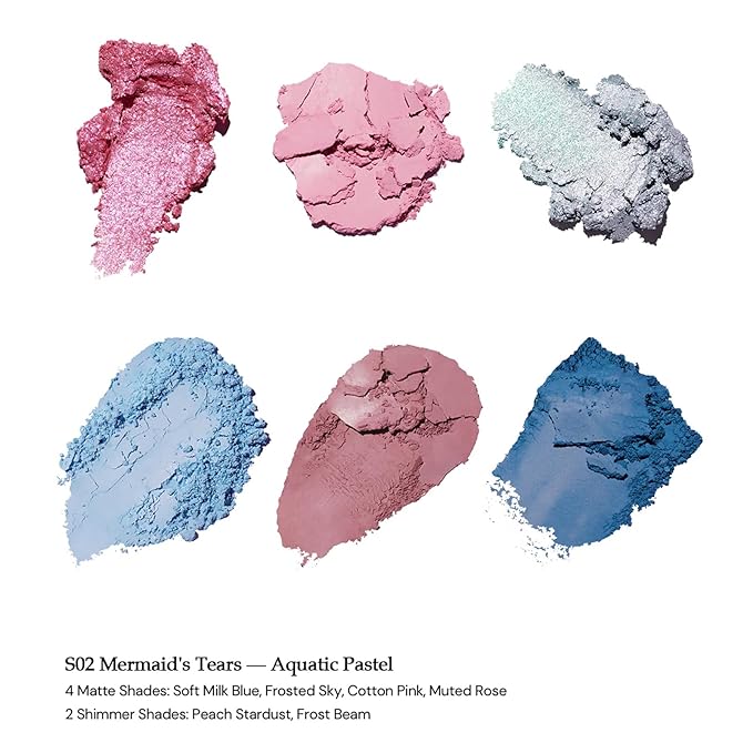 Flower Knows Shell's Jewel 6-Color Makeup PalettePink Blue Eyeshadow with 4 Matte + 2 Shimmer ShadesBlendable Smooth Cute Eye Makeup0.23 Oz(02 Mermaid's Tears)
