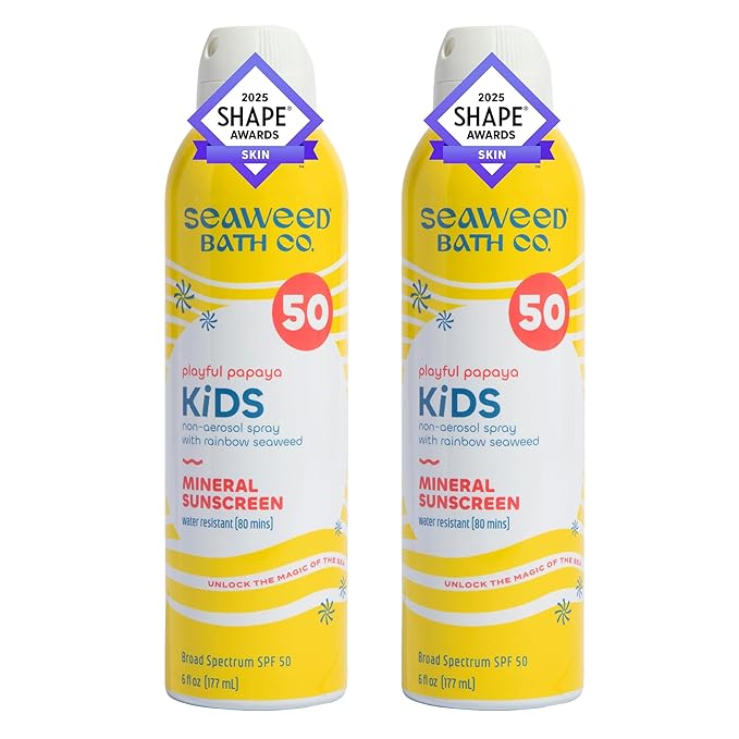 Seaweed Bath Co. Kid's Mineral SPF 50 Broad Spectrum Sunscreen Spray 6 Ounce (Pack of 2) Papaya Scented Water Resistant Tear Free Sensitive Formula with Zinc Oxide Rainbow Seaweed Watermelon