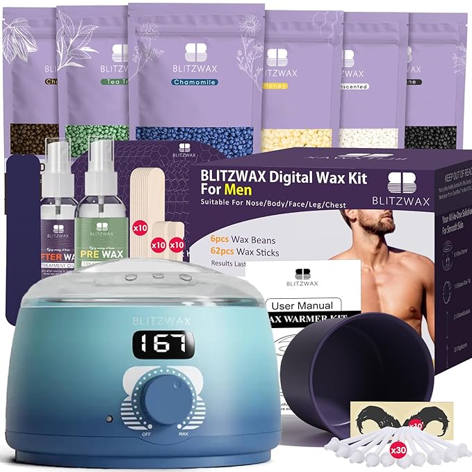 BLITZWAX Back and Nose Waxing Kit for Men Hard Wax Warmer for Brazilian Body and Face At Home Hair Removal Kit Beginner Friendly Quick Heating 93 Accessories Blue Waves