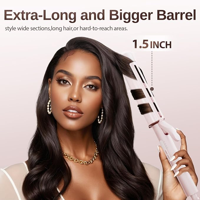 1.5 Inch Extra Large Curling Wand for Long Hair - Ceramic Tourmaline Barrel with 40000000 Negative Ions Defined Curls and Easy to Use with Temperature Control for All Hair Types