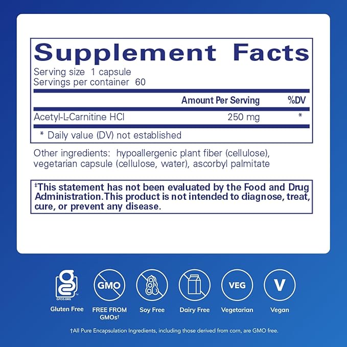 Pure Encapsulations Acetyl-L-Carnitine 250 mg - Memory &amp Brain Supplement - Brain Support &amp Focus* - Gluten Free &amp Non-GMO - 60 Capsules