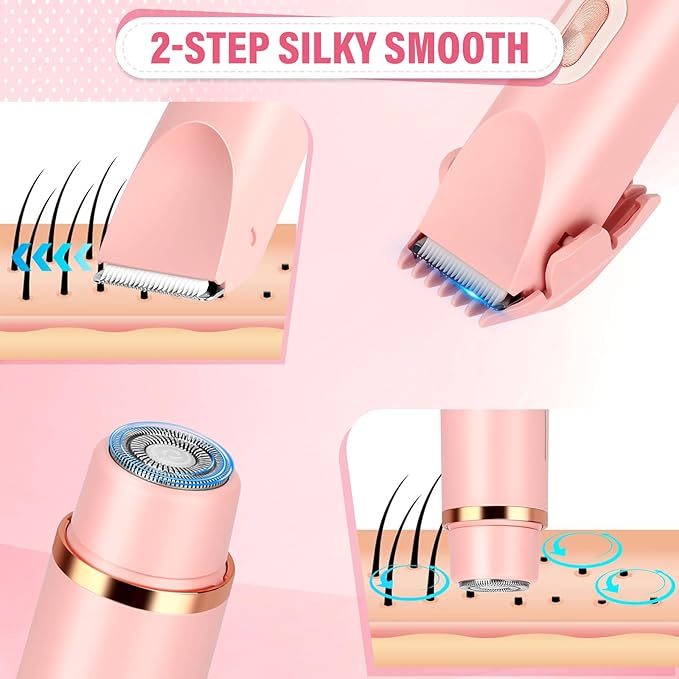 Women's Bikini Trimmer 2-in-1 Electric Shaver for Bikini Line Legs Underarms Face - Waterproof Women's Electric Shaver for Sensitive Skin USB Rechargeable (Pink)