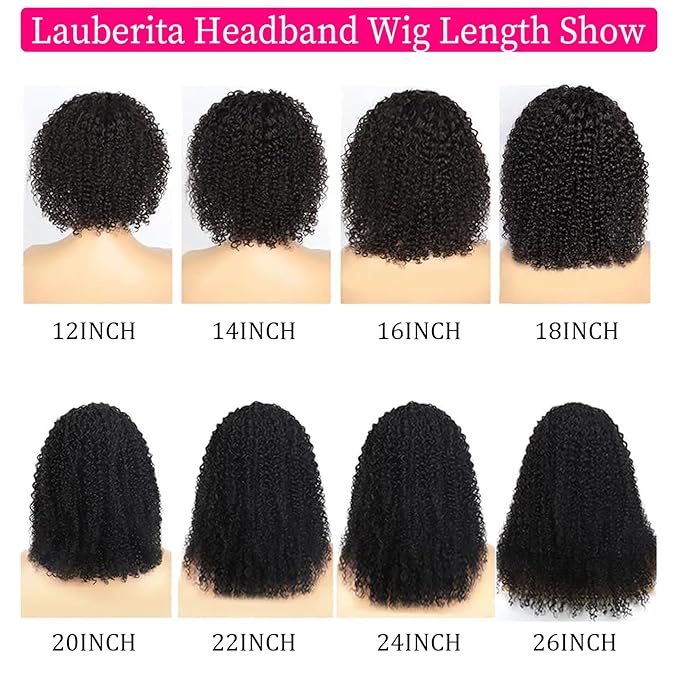 Headband Wig Human Hair 180% Density Kinkycurly Headband Wigs Glueless Curly Human Hair Wig for Women Natural Color 18 Inch