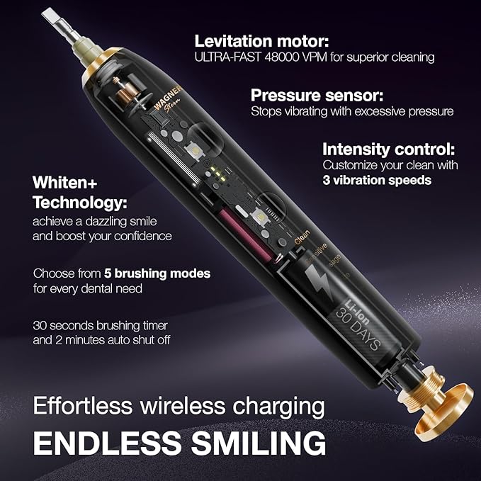 Wagner Stern WHITEN+ Edition. Whitening Electric Toothbrush with Pressure Sensor. Offers 5 Brushing Modes 3 intensities 8 Soft Brush Heads and a Luxury Travel case.