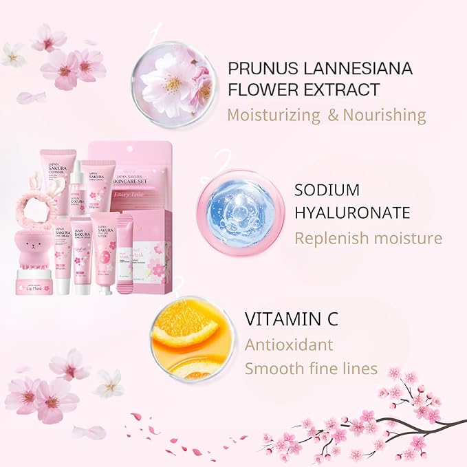 Japan Sakura Skin Care Set for Teen Girls - Evolvique Skin Care for Teens 10-12 - Skincare for Girls 10-12 - Skin Care Kit Gift Set for Women with CleanserSerumCream(One Size 8PCS Sakura Scent)