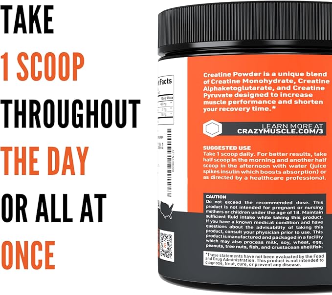 Crazy Muscle Creatine Monohydrate Powder 5000mg Premium 3X ThreeAtine Pre Workout Mass Gainer High Absorption Easy to Take Powder Optimum Performance for Men &amp Women 30 Servings