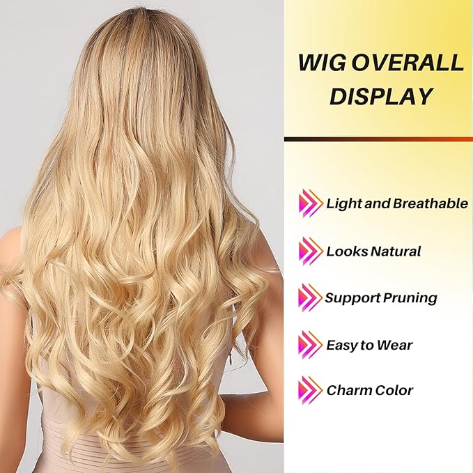 Honygebia Blonde Middle Part Wig - Long Wavy Ombre Blond Wigs with Dark Roots for Women Curly Synthetic Heat Resistant Hair Natural Looking Cute Wigs for Halloween/Christmas/Cosplay/Party