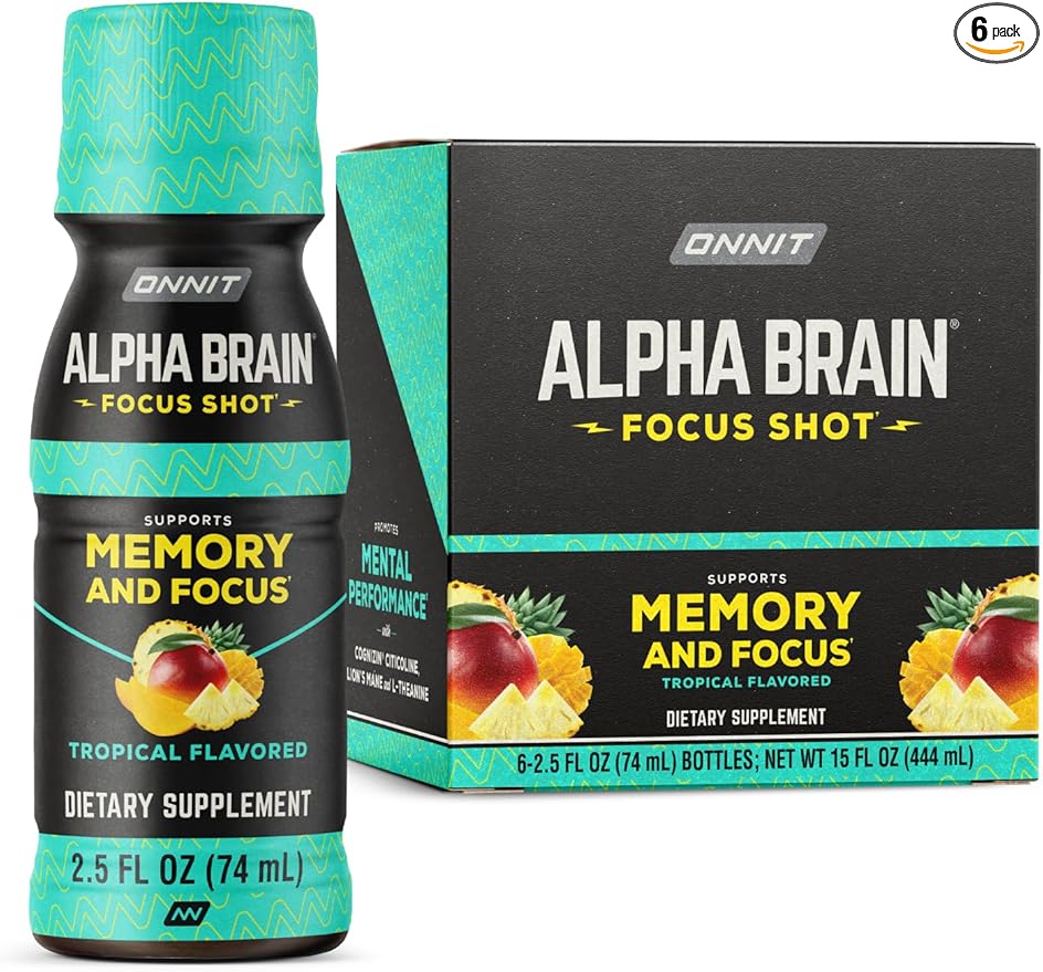 ONNIT Alpha Brain Focus Shot Tropical Flavor Nootropic Dietary Supplement Drink That Supports Energy Focus and Mood IGEN??Non-GMO Tested 2.5 fl oz 6 Count