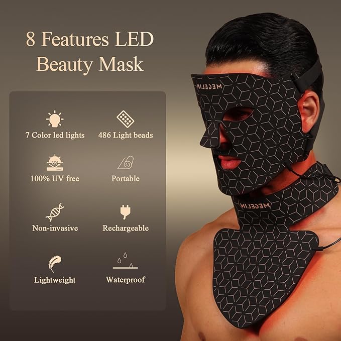 MEGELIN Led Red Light Therapy Face &amp Neck Mask 7 Colors Led Light Therapy Facial Mask Infrared Red Light Therapy Mask Infrared Light Skin Rejuvenation(Black)