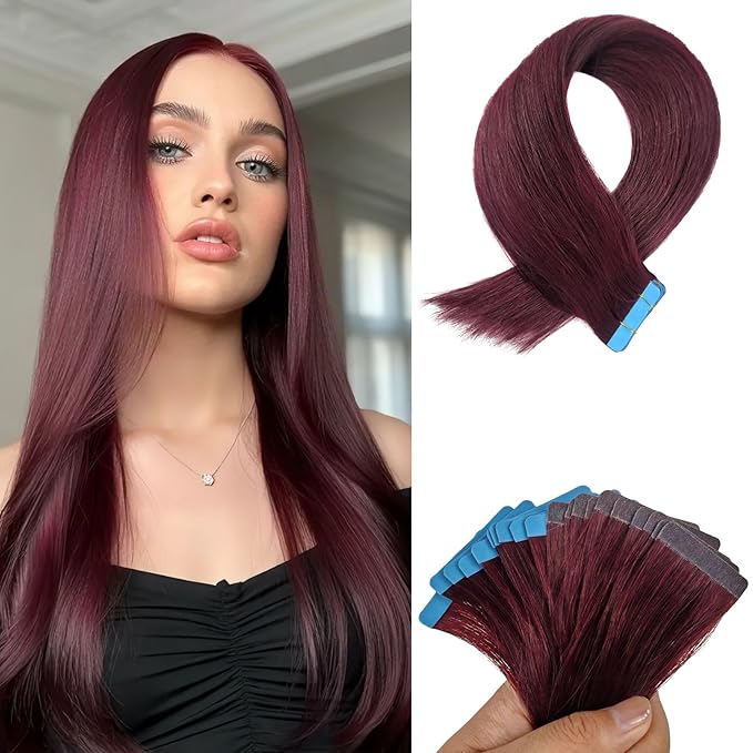 Burgundy Tape in Hair Extensions Human Hair Invisible Remy Hair 18 Inch Tape in Human Hair Extensions 50G 20Pcs for Christmas