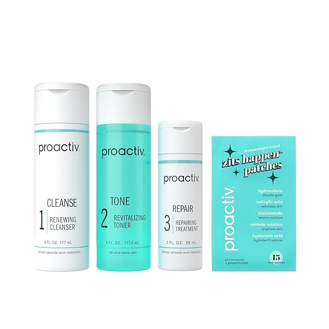 Proactiv 3 Step Acne Treatment w/ Pimple Patches - Benzoyl Peroxide Face Wash Repairing Acne Spot Treatment for Face and Body Exfoliating Toner - 90 Day Complete Acne Skin Care Kit + Pimple Patches