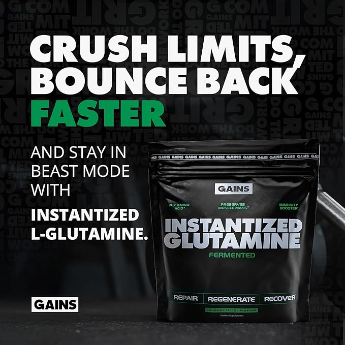 Gains in Bulk L-Glutamine Gluten Free Glutamine Powder for Muscle Recovery and Growth Post Workout Support Amino Acid Supplement Promotes Protein Synthesis Non GMO Unflavored 90 Servings