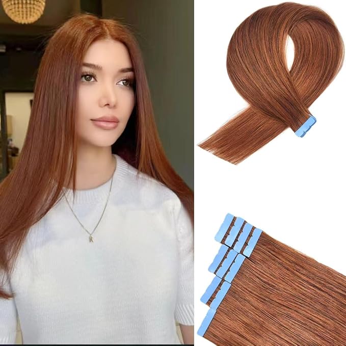 Auburn Mini Tape in Hair Extensions Human Hair Invisible Reusable Red Brown Remy Hair Extensions Real Human Hair Tape Ins 18 Inch
