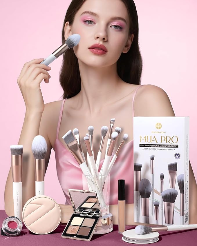 EIGSHOW Makeup Brushes Set 15Pcs Professional Make Up Brush with Silver Ion Bristles for Foundation Powder Blush Highlighter Concealer Eyeshadow Eyeliner Travel Gift Set (Champaign Gold)