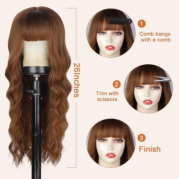 Lativ Auburn Wig with Bangs Long Wavy Ginger Wig Natural Looking Heat Resistant Synthetic Curly Full Wigs for Women Daily Use 26 Inches