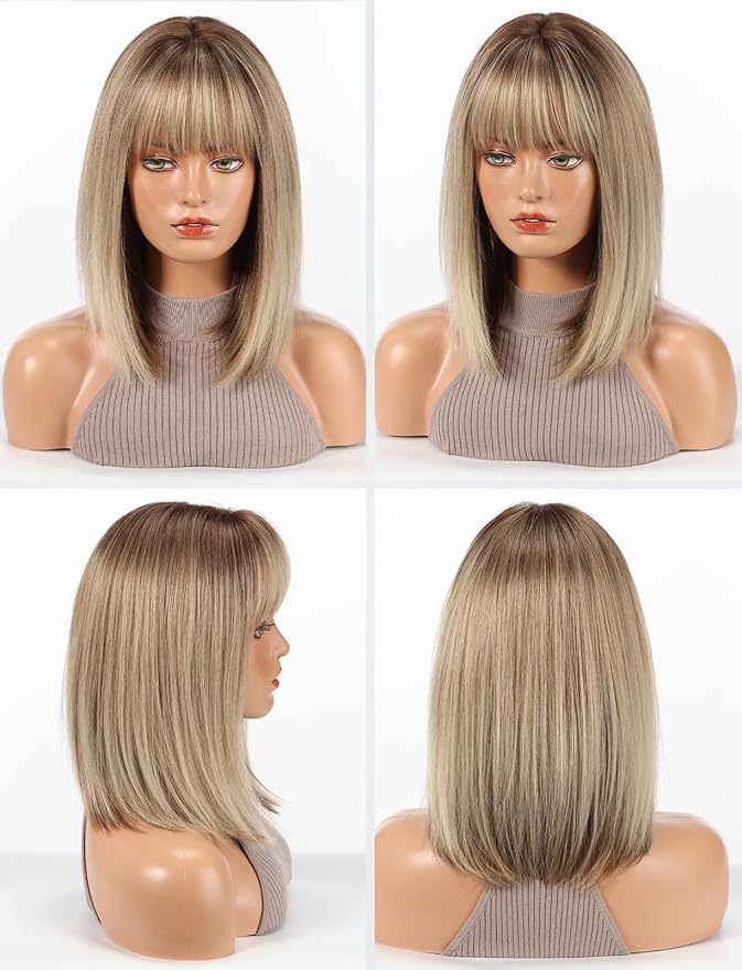 HAIRCUBE Bob Wigs for Women Synthetic Wig with Fringe Blonde with Dark Roots Color