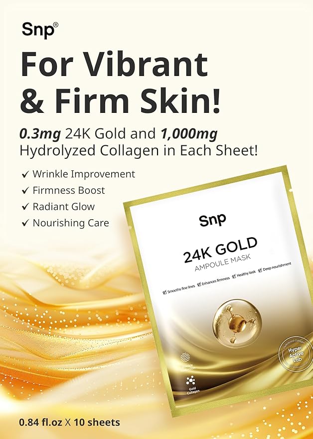 SNP 1000mg Collagen + 24K Gold Ampoule Sheet Mask | Collagen Face Masks Skincare | Tightening Hydrating and Nourishing | Korean Skin Care | Overnight Face Masks | Moisturizing Face Mask | 10 Sheets