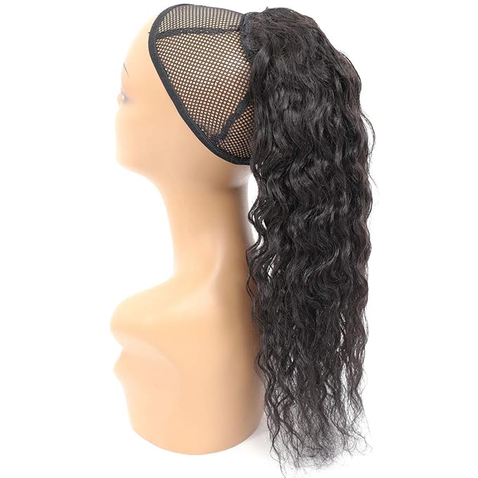 100% Human Hair Drawstring Ponytail Extension Water Wave in Natural Color 1B Corn Wave Ponytail Clip in Extensions for Black Women Full End Hair 18 Inch