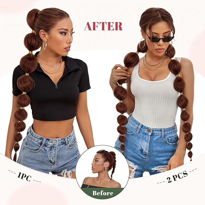 Hairro 2 Packs Long Bubble Ponytails Extension for Women Afro Puff Pony tail Kinky Straight Lantern Ponytails Synthetic Hair Pieces 34 Inch #30T60 Light Auburn to Light Blonde