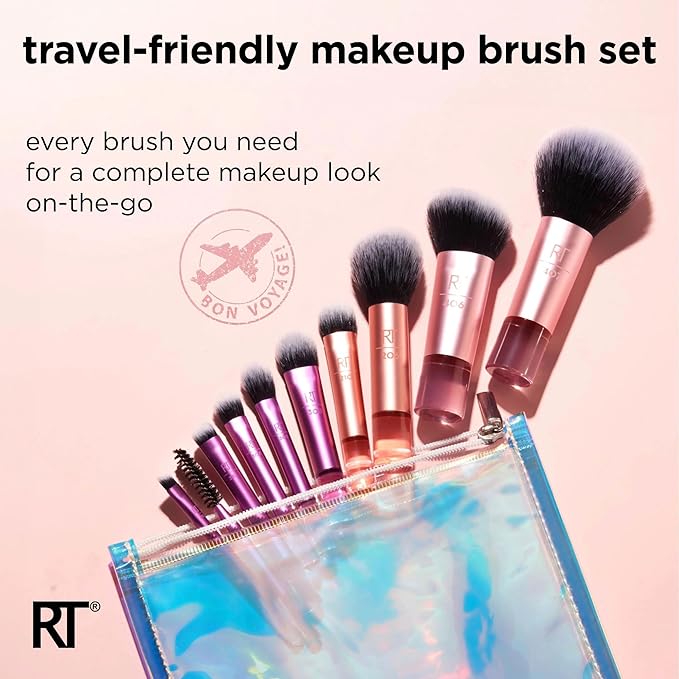Real Techniques 11 Piece Travel Fantasy Mini Brush Set Travel Size Makeup Brushes For Foundation Eyeshadow Powder Blush Contour &amp Concealer Makeup Bag Included Gift Set Cruelty-Free