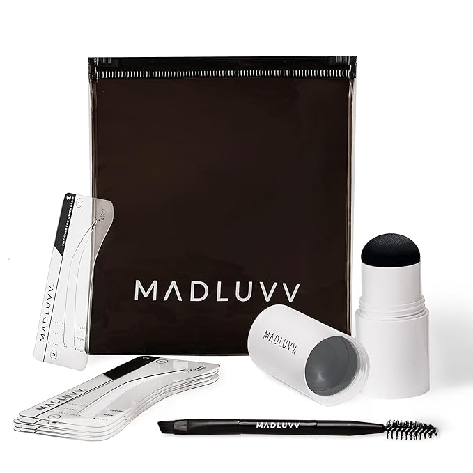 MADLUVV Brow Stamp Kit with Brow Stencils ? Easy Eyebrow Shaper for Natural-Looking Brows ? Popular Eyebrow Stencil Kit Used by Professionals ? 9 Shapes Spoolie Travel Bag &amp Stamp (Dark Grey)
