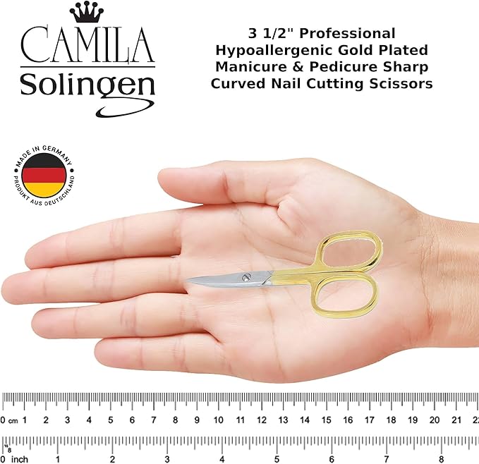 CS02 3 1/2 Professional Hypoallergenic Gold Plated Manicure &amp Pedicure Sharp Curved Nail Cutting Scissors. Made of Durable Stainless Steel in Solingen Germany