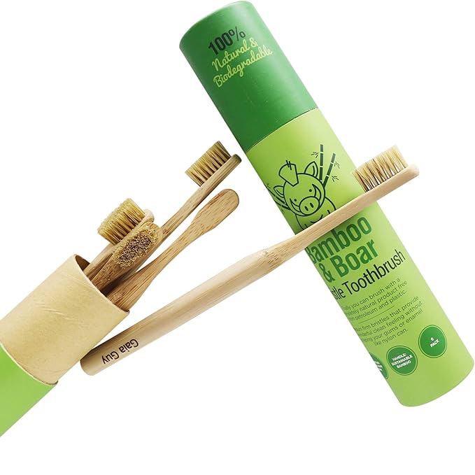 Gaia Guy Natural Bristle Bamboo Toothbrush (NO Nylon - Boar Hair ONLY) - Totally Compostable &amp Biodegradable Boar Bristle and Bamboo Toothbrushes - Zero Waste - 6-Pack