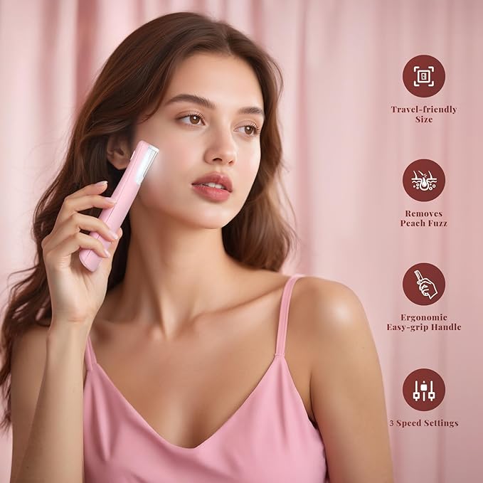Sonic Dermaplaning Tool for Women Rechargeable Face Dermaplane Razor Sonic Edge Technology for Facial Hair Exfoliating and Peach Fuzz 10 Refill Blades Pink