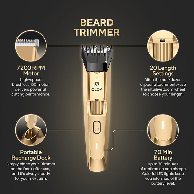 Men's Beard Trimmer- All-in-One Trimmer with Precision Dial - Premium Facial Hair Groomer - Adjustable 20 Length Setting USB Recharge Dock Cordless Waterproof Wet/Dry Clipper Gold