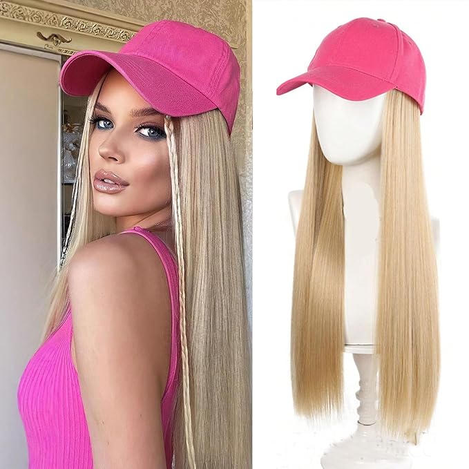 Baseball Cap with Attached Long Blonde Hair Extension Pink Hat with 22 Inch Straight Synthetic Hair.Heat Resistant Fiber Synthetic Hair for Fashion Women Hot Pink Baseball Cap