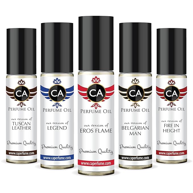CA Perfume Best Fall Men Set Impression of (Eros Flame + Belgarian Man + Legend + Fire In Height + Tuscan Leather) Fragrance Body Oils Essential Sample Travel Size Roll-On (0.3 Fl Oz/10 ml) x5