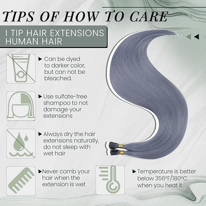 RUNATURE I Tip Hair Extensions Real Human Hair Grey Blue Colored Hair Extensions 22 Inch Long I Tip Hair Extension Human Hair Blue Pre Bonded Hair Extension Remy Natural Hair for Women 25g 25s