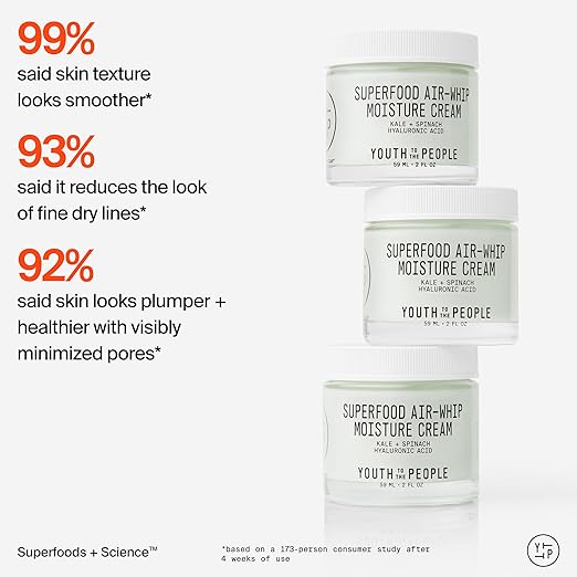 Youth To The People Superfood Air-Whip Moisture Cream - Kale + Green Tea Hyaluronic Acid Face Moisturizer Smooths + Hydrates Up to 48HR with Dewy Glow Non-Greasy Lightweight Gel Non-comedogenic