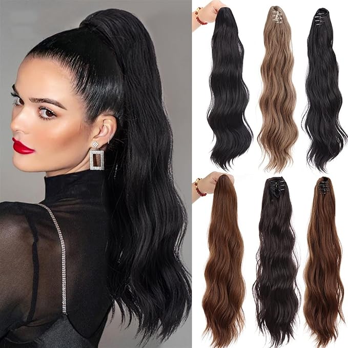 SONGCHAO Fake Hair Bun 1-Pack Long Wavy Claw Clip Ponytail Hair Extension Synthetic Ponytail Extension Ladies Fluffy Black Brown Ponytail Wig Hair Accessories (Color : 05)