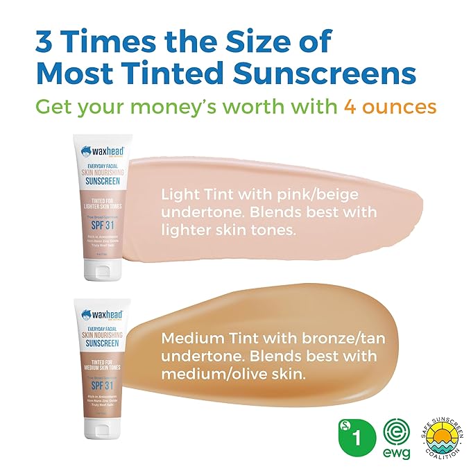 Waxhead Tinted Mineral Sunscreen for Face ? Sheer Glow BB Cream Moisturizer with SPF?31 Non-Nano Zinc Oxide Unscented Non?Comedogenic Mineral Facial Sunscreen Wear under Makeup (Medium Tint 4oz)