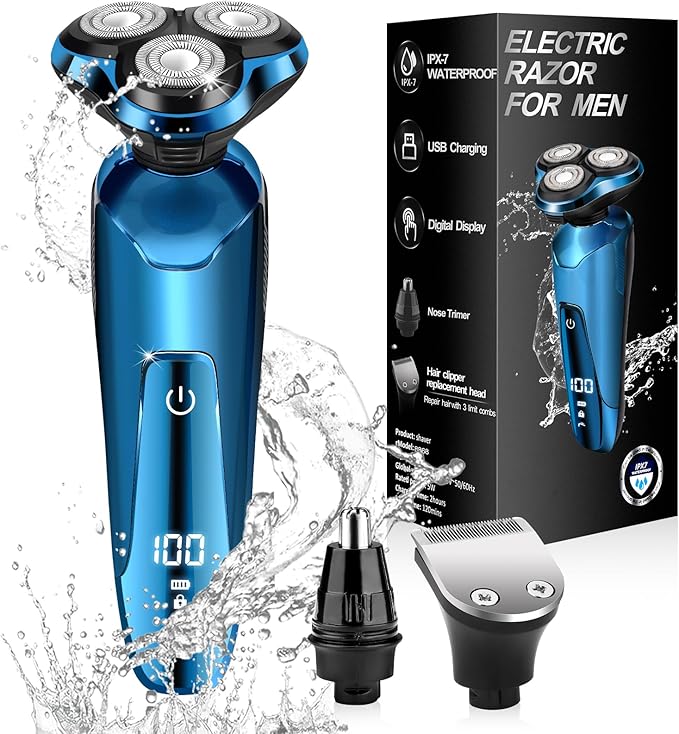Electric Razor for Men Cordless 3D Rotary Head Shavers for Men Face Wet/Dry Waterproof LED Display Ideal Gift for Husband/Dad/Boyfriend (Blue)