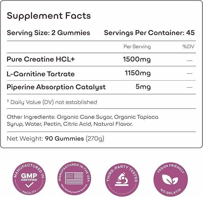Creatine HCL+ 2000mg Female Performance Complex ? Sugar-Free Vegan Raspberry Flavor ? Chewable Gummies for Women 90 Count