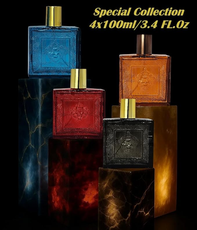Lion Versatile For Man Red Flame Pour Homme &amp Black Flame Cologne for Men 4-piece Set 4x100ml/3.4 Fl.Oz Eau de Toilette Long-lasting mint orange neroli &amp vetiver notes for day and nigh