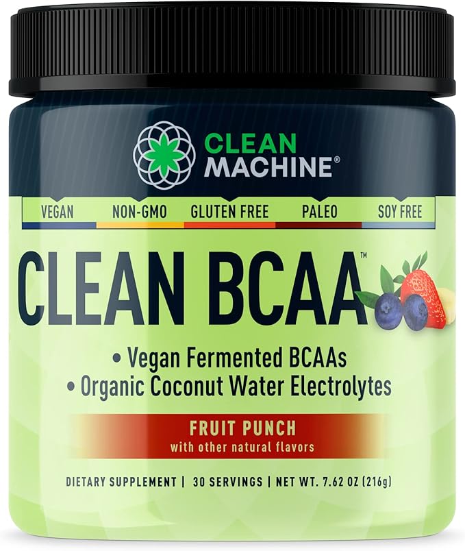 Clean BCAA - 2:1:1 Food Sourced BCAAs Powder &amp Coconut Water Electrolytes Recovery &amp Amino Energy Supplement - Award Winning Vegan Amino Acid Supplement - 30 Servings (30 Fruit Punch)