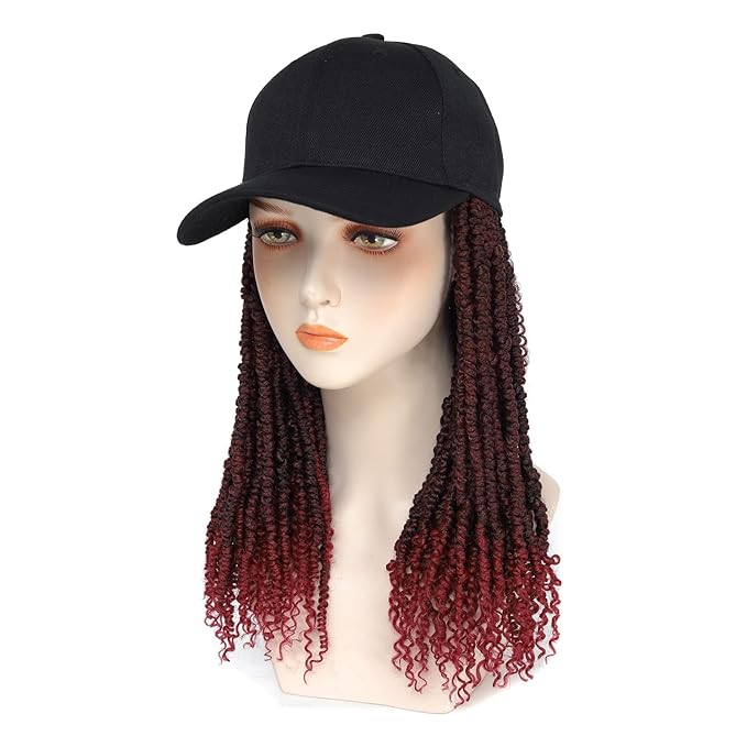 Hat Wig Baseball Cap with Short Pre-Twisted Passion Twist Hair Extensions Synthetic ombre Black Burgundy Small Curly Ends Bomb Twists Adjustable Black Hat Wig for Black Women (12inch TBUG)