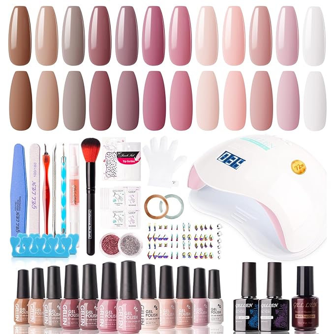 Gellen Gel Nail Polish Kit with U V LED Light 72W Nail Dryer 12 Gel Nail Colors No Wipe Top Base Coat Nail Art Decorations Manicure Tools All-In-One Manicure Kit for Mother's Day Gift